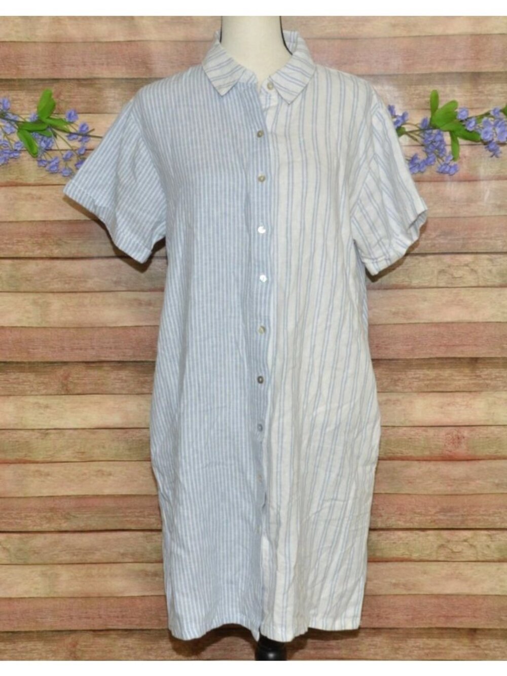 C&C California Womens L Linen Blend Shirt Dress Short Sleeve Preppy Blue Stripe